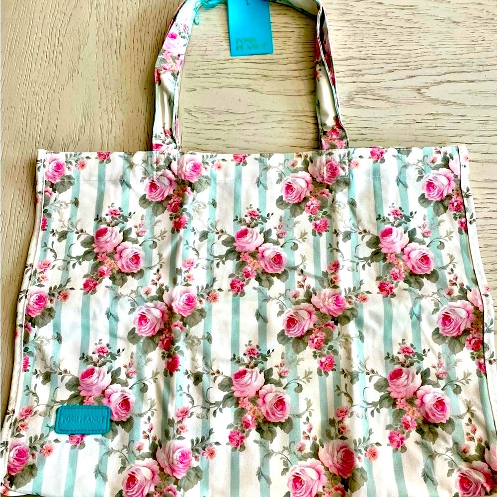 Posh Peanut Trixie Ivory Green Stripe Pink Floral Cloth Tote Diaper Bag 18 x 13”